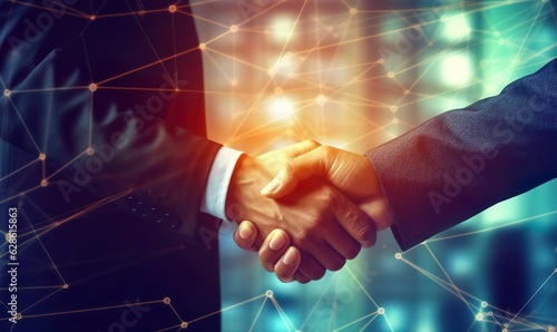 Double exposure image of investor business man handshake with partner with digital network link. Generative AI