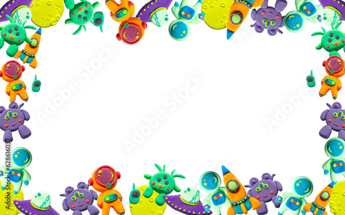 Frame on a white background with colorful figures of astronauts and aliens made of soft plasticine. Children's creativity, cute frame for text, advertising or printing.