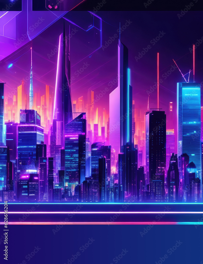 Vertical illustration with night futuristic city illuminated by bright neon lights. For banners, covers, backgrounds and other modern projects.