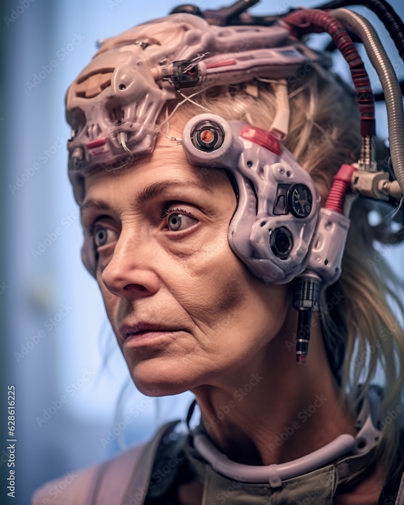 a woman wearing a helmet with wires attached to her head a woman wearing a helmet with wires attached to her head