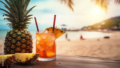 a drink with pineapples on a beach background Generative AI
