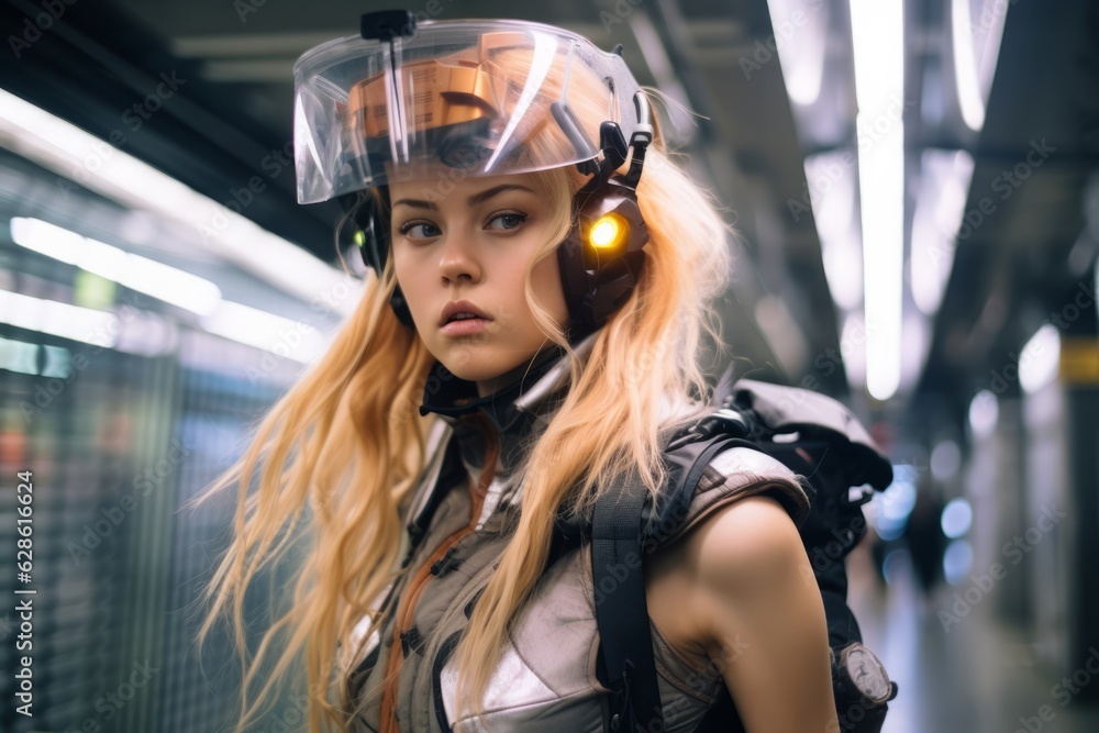 a woman with a helmet and goggles in a subway a woman with a helmet and goggles in a subway
