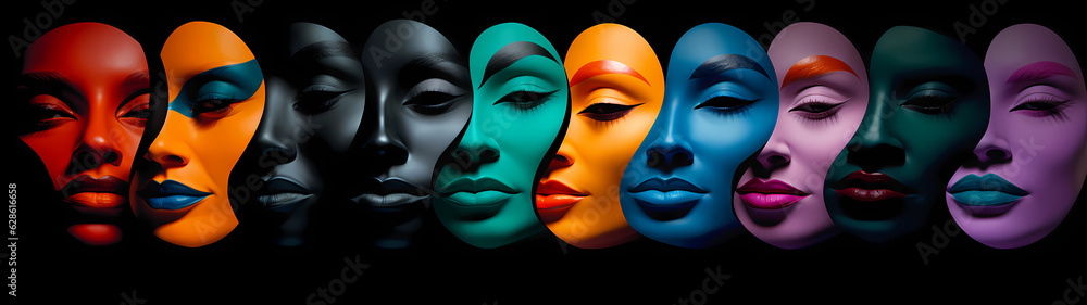 Ultra-Wide Abstract Background of a Row of Colored Faces (Generative AI) Ultra-Wide Abstract Background of a Row of Colored Faces (Generative AI)