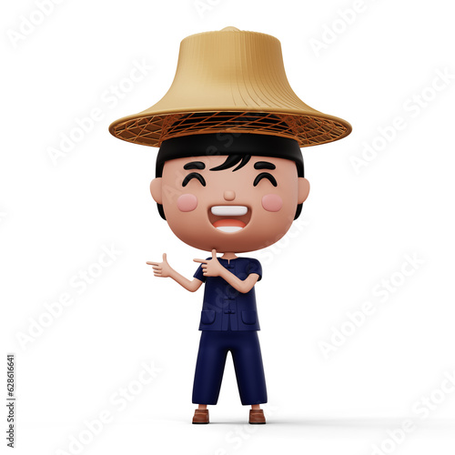 Happy asian farmer wearing mauhom shirt and bamboo hat pointing finger, 3d rendering