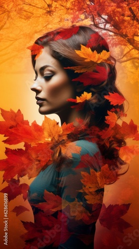 a woman with autumn leaves in her hair