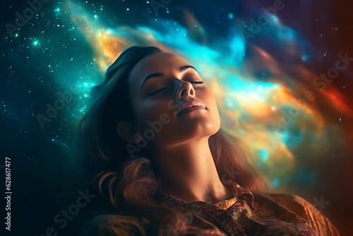 a woman with her eyes closed in space