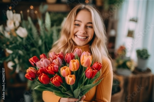 woman with bouquet of tupils in spring. outdoor portrait of young smiling girl with flowers in the street Generative AI