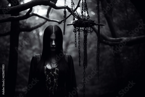 a woman with long black hair standing in the woods