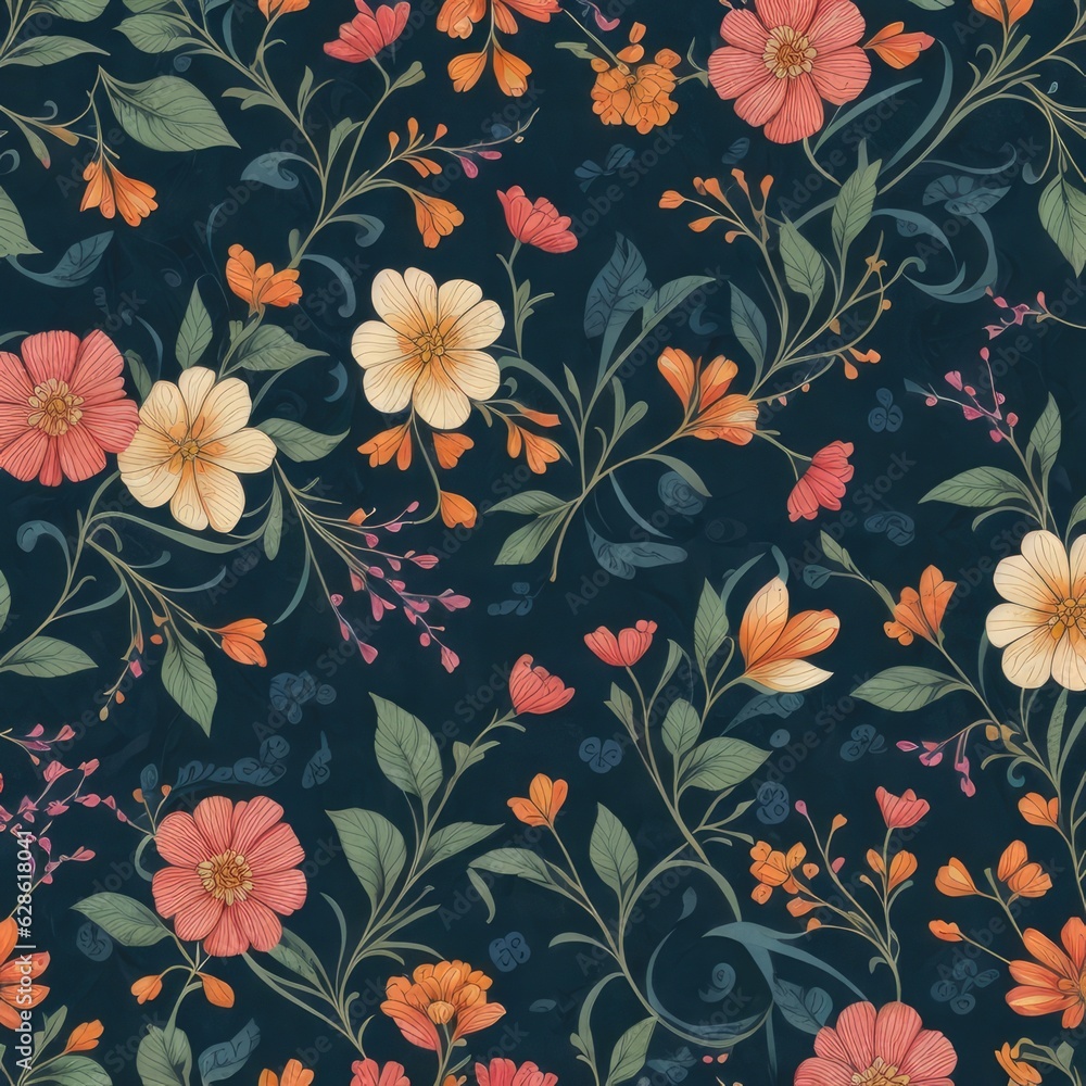 Vintage pattern of flowers on a dark background
