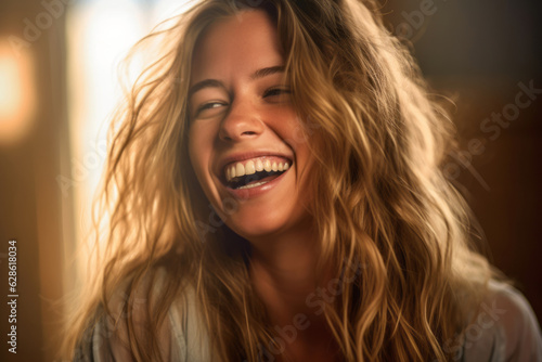 a woman with long blonde hair is laughing