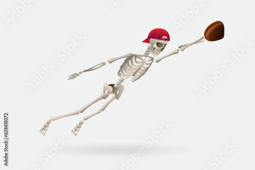 Illustration of a skeleton in a baseball cap and baseball glove flying in the air after the ball. Baseball concept.