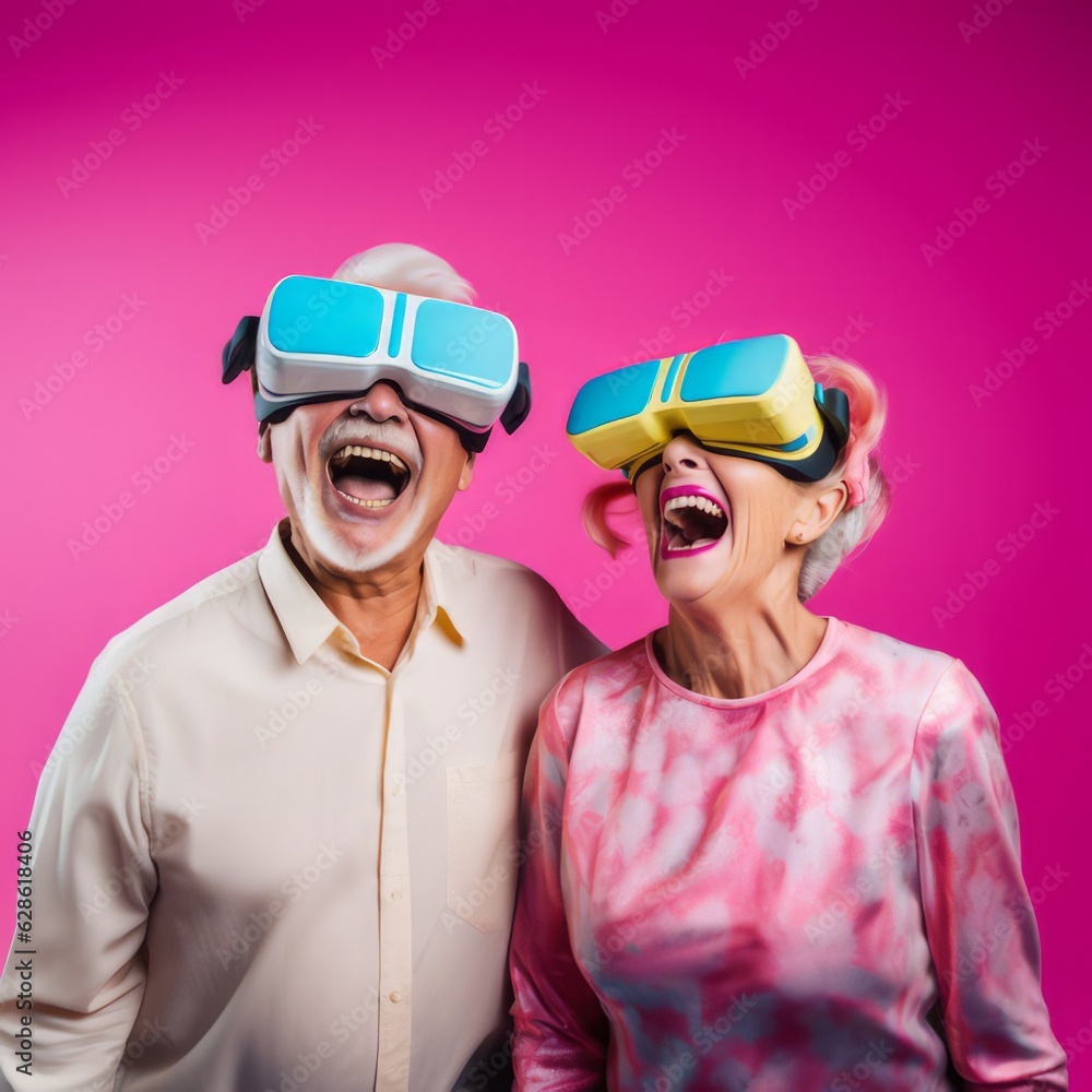 Romantic old couple of grandparents play and laugh with VR glasses, smile and joy. Pastel pink background, portrait of technologically advanced grandma and grandpa. Generative AI