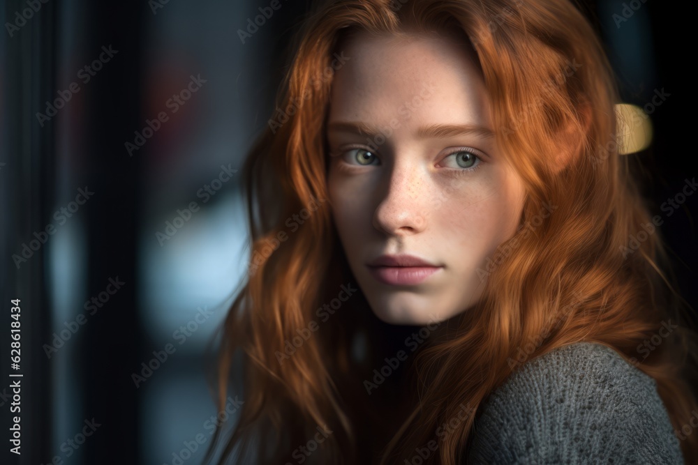 Fototapeta premium a woman with long red hair looking at the camera