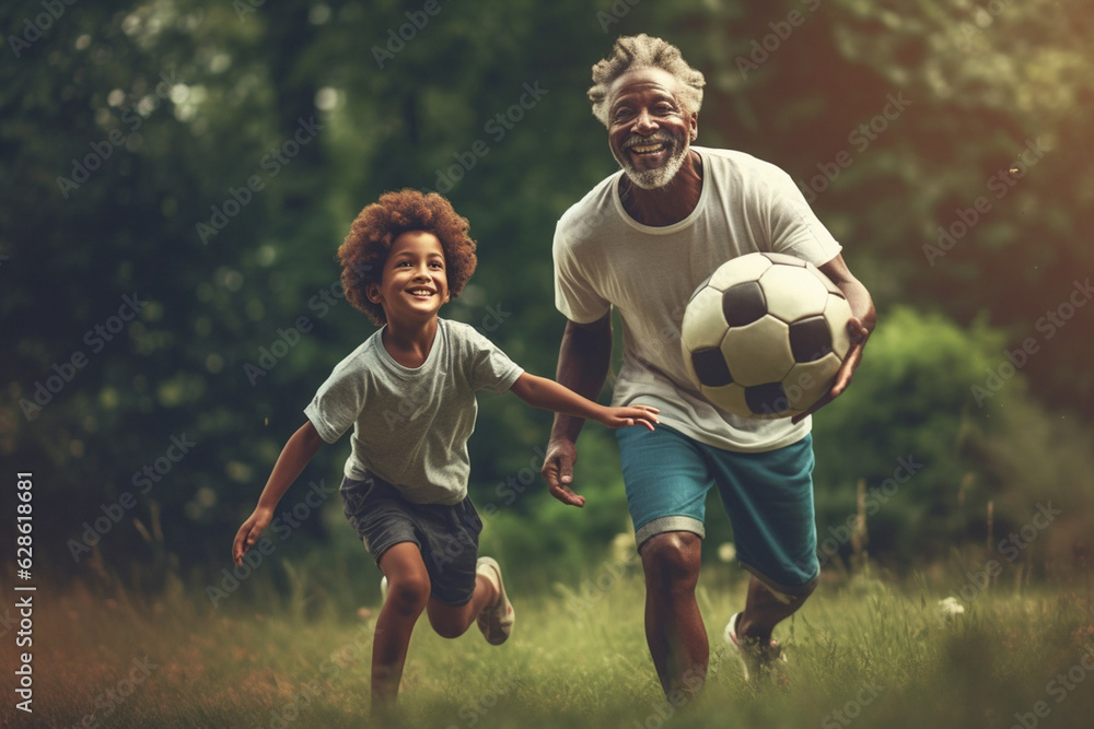 Obraz premium Dad and son playing football together on green meadow Generative AI
