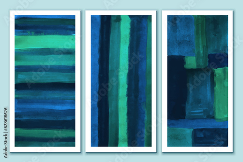 Set of blue, turquoise, green watercolor soft art posters. Wall canvas design. Abstract lines, stroces, geometric forms. Interior art.