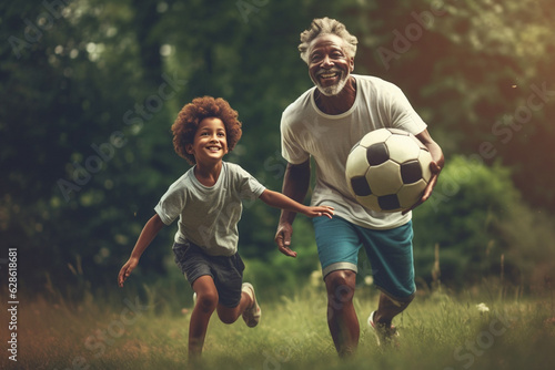 Dad and son playing football together on green meadow Generative AI © Nataliia