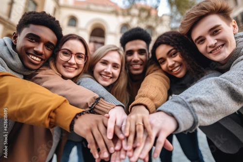 Multicultural friends taking selfie pic with cellphone outside - Happy young people having fun hanging out on city street - Summer vacation concept with guys and girls enjoying Generative AI