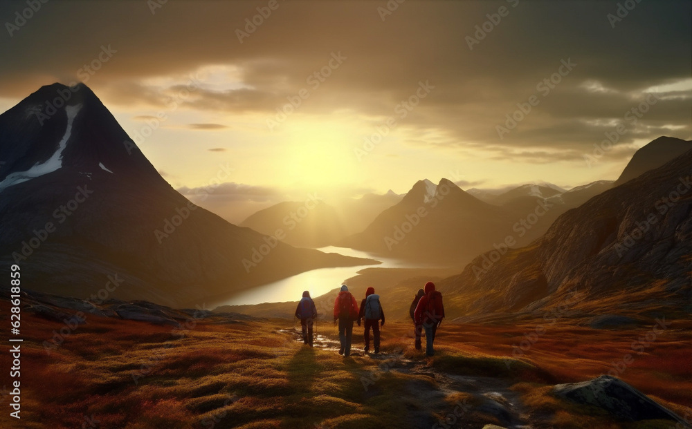 lifestyle man sun trekking mountain nature group tourist travel walking hiking. Generative AI. lifestyle man sun trekking mountain nature group tourist travel walking hiking. Generative AI.