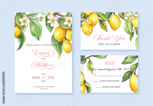 Wedding invitation card background with watercolor lemons. Abstract floral art background vector design for wedding invitation and vip cover template