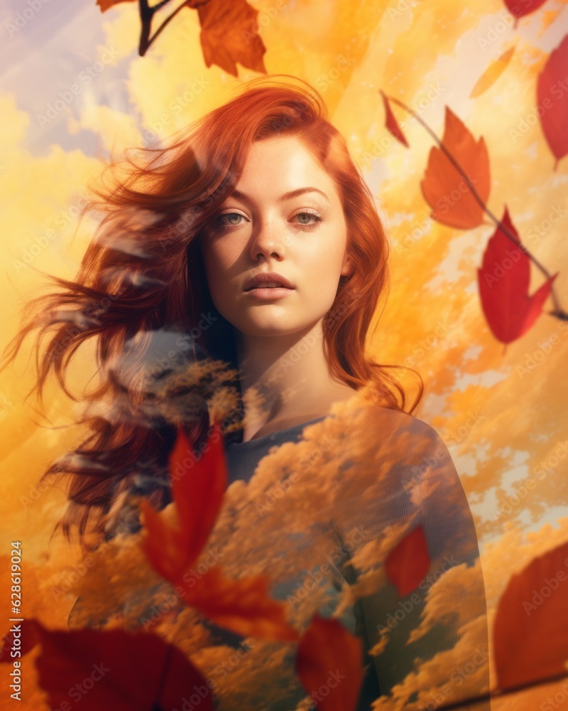 a woman with red hair and leaves in the background a woman with red hair and leaves in the background