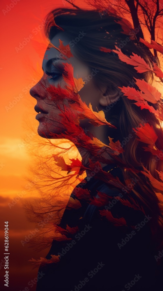 a woman with red hair and leaves in the background a woman with red hair and leaves in the background