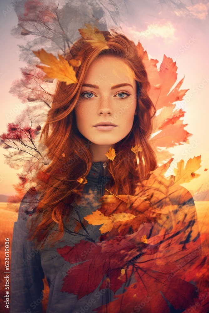 a woman with red hair and leaves on her face a woman with red hair and leaves on her face