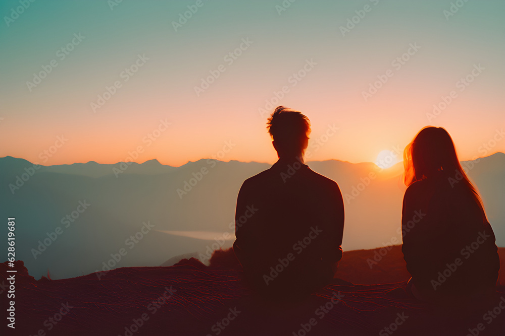A boy and a girl watching the sunset while drinking coffee.