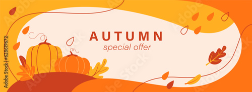 Autumn abstract background, banner, voucher, card design. Bright colorful fall mood. Pumpkins, leaves.