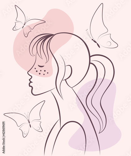 Face of a young woman with freckles and butterflies. The concept of beauty, cosmetics, healthy skin and fashion. Vector illustration, simple line drawing and pink, brown spots on a beige background.