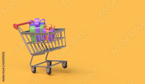 3d shopping cart with gift boxes in motion. illustration for banner or poster design for sale. copy space. 3d rendering