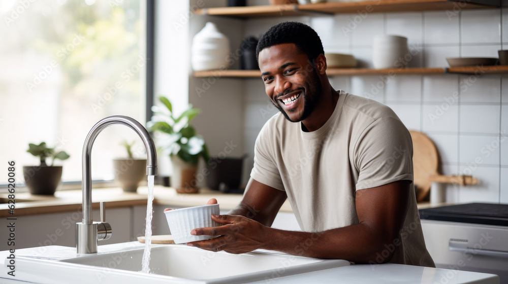 An african american man doing the dishes, washing plates, chores and housekeeping, equality An african american man doing the dishes, washing plates, chores and housekeeping, equality