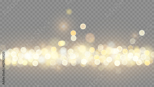 Golden dust light png. Christmas glowing bokeh confetti and sparkle overlay texture for your design. Stock royalty free vector illustration. PNG	