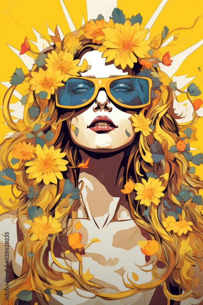 a woman with sunglasses and flowers in her hair