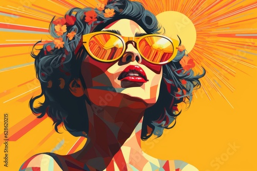 a woman with sunglasses and a sunburst in front of an orange background