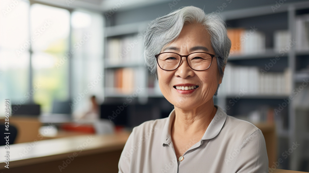Smiling mature senior businesswoman in the office close-up Smiling mature senior businesswoman in the office close-up