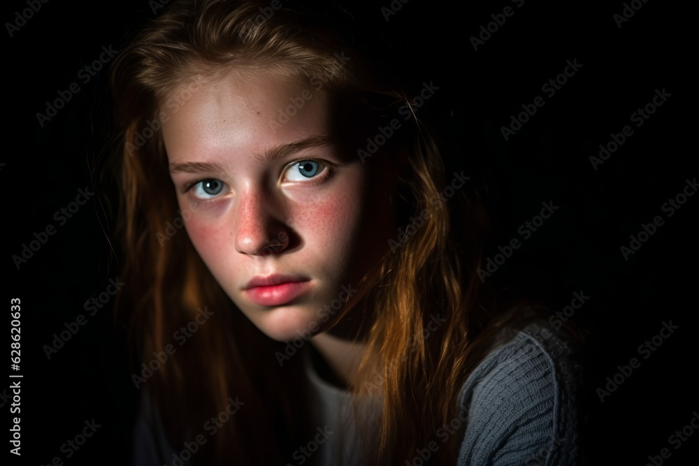 a young girl with red hair and blue eyes