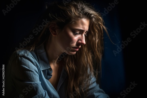 a young woman is sitting in a dark room