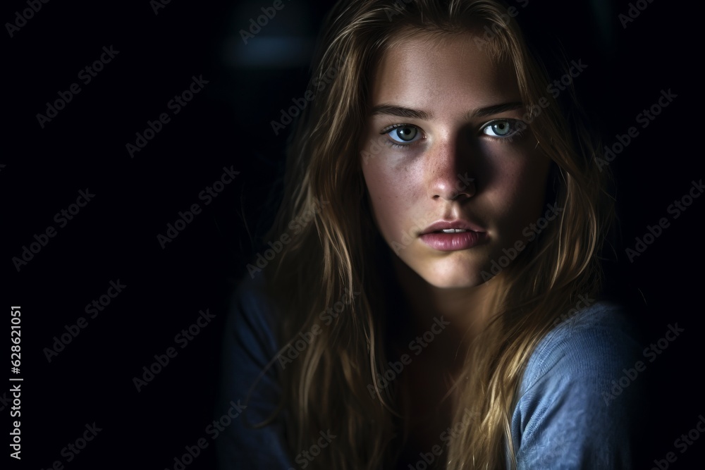 a young woman with blue eyes is looking at the camera