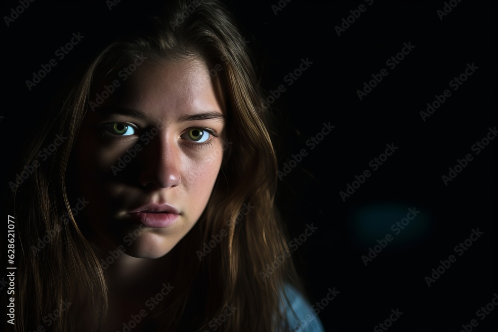 a young woman with green eyes in the dark