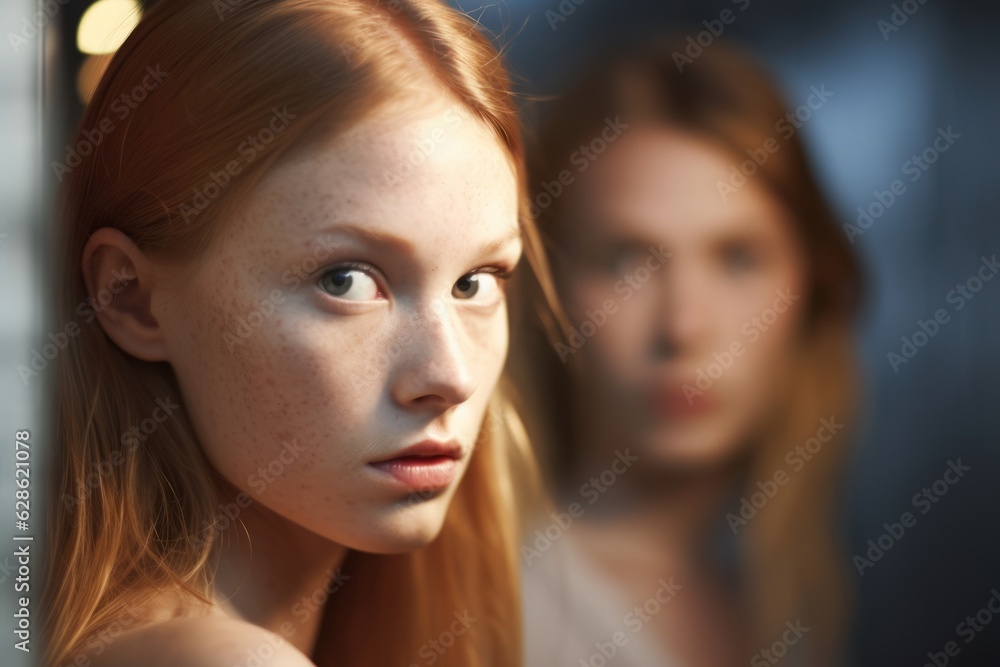 a young woman with freckles looking at the camera a young woman with freckles looking at the camera