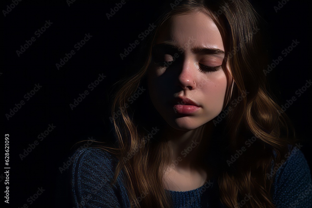 a young woman with her eyes closed in the dark a young woman with her eyes closed in the dark