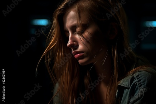 a young woman with her eyes closed in the dark