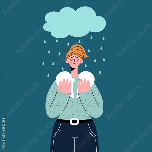 The illustration portrays a sad, lonely girl walking in the rain.  Vector illustration in flat cartoon style.