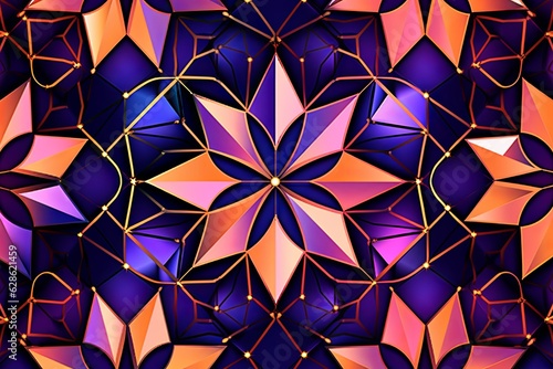 abstract geometric pattern with purple and orange stars on a black background