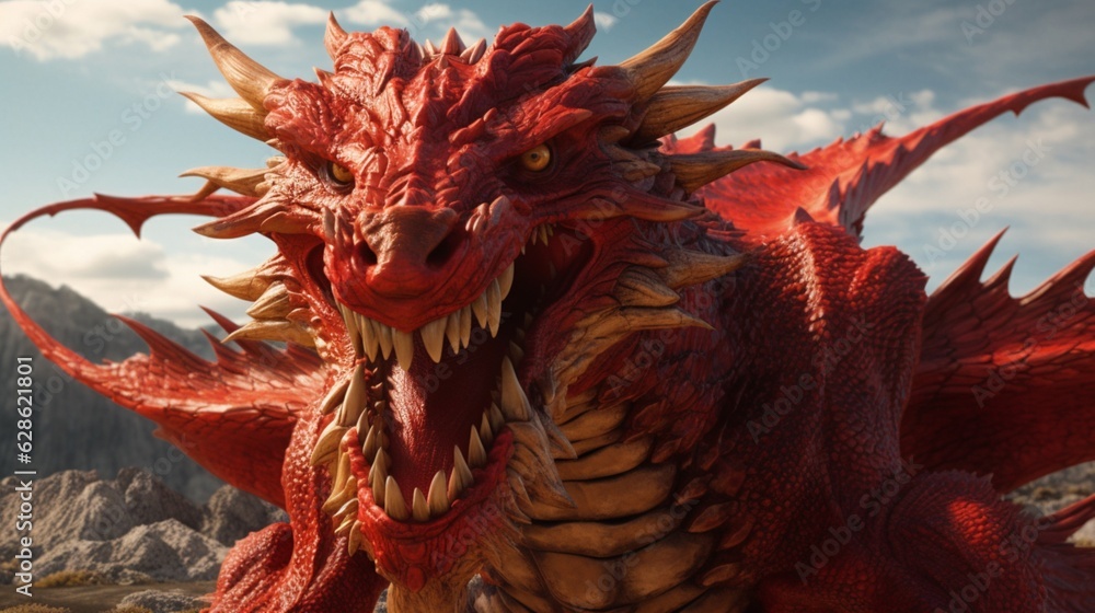 Red dragon 3D illustration.Generative AI Red dragon 3D illustration.Generative AI