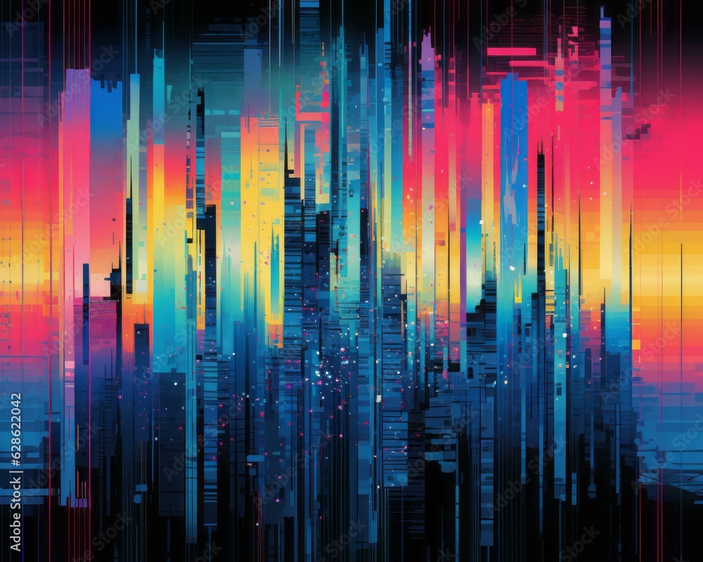 an abstract painting of a city skyline with many different colors