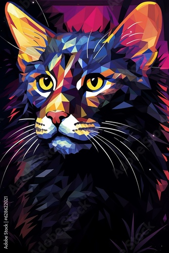 an abstract painting of a cat with bright yellow eyes