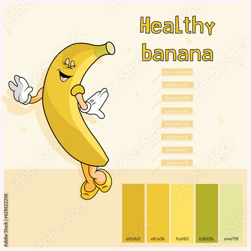 Fruits. Banana is delicious and healthy. Yellow color with arms and legs. Groovy style. Mascot. Vitamin B and Vitamin B1, B2, B6, C, PP, Fe, Ca, K, F, P. Proper nutrition. Baby food.