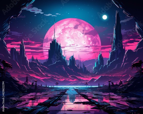 an alien landscape with a pink moon in the background