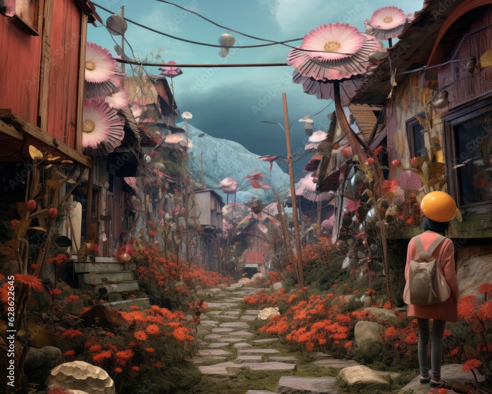 an animated scene of a girl walking down a street with flowers
